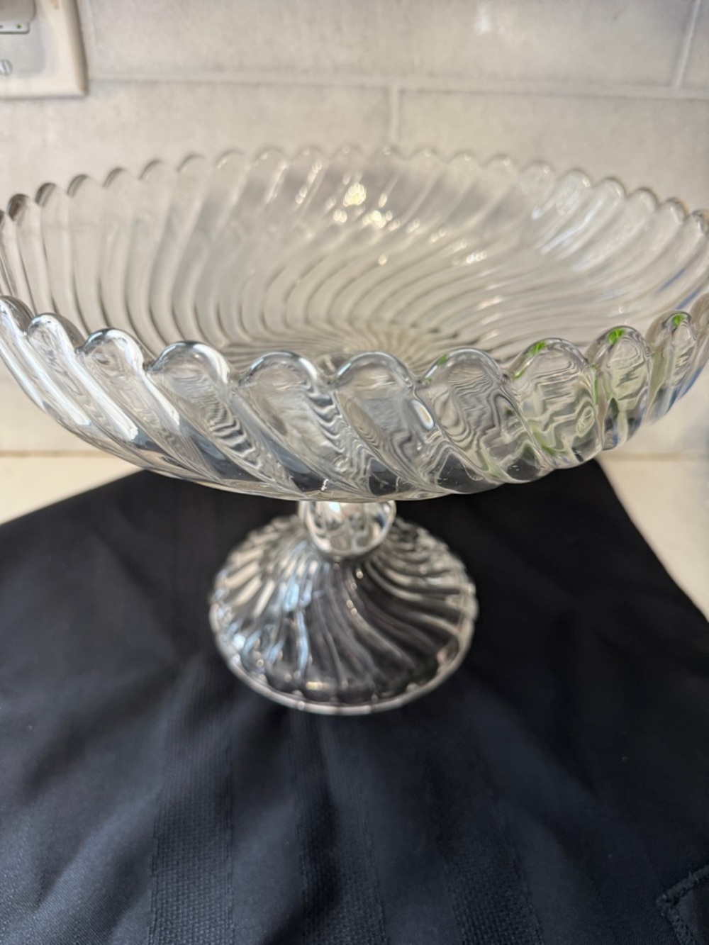 Vintage large Clear Glass swirl Pedestal Bowl 7.5 “ tall Footed compote center